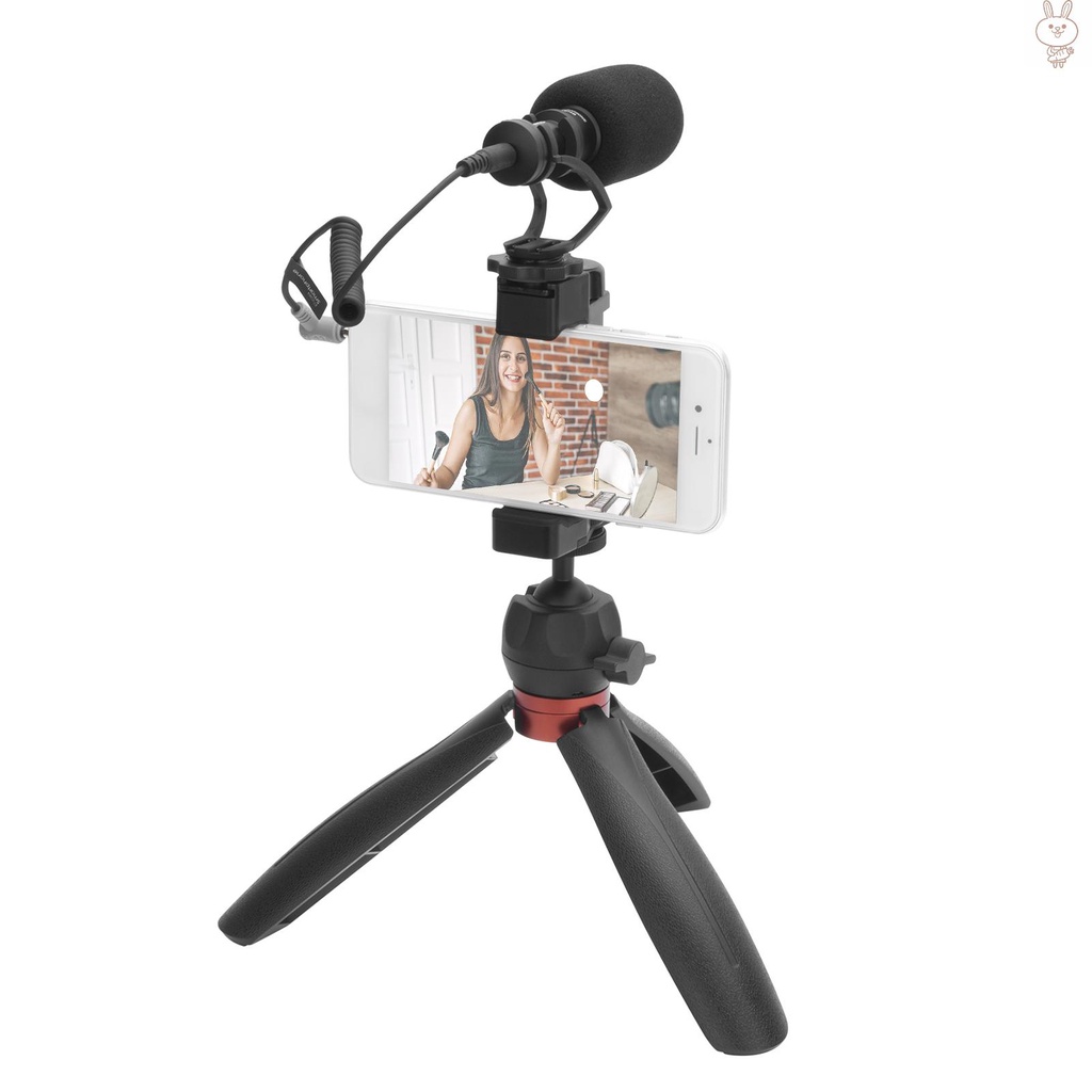 OL COMICA CVM-VM10-K2 Pro Multi-functional Smartphone Video Vlog Kit with Cardioid Microphone Ball Head Tripod Phone Holder 3.5mm TRS to TRRS Cable Foam Fur Windshield Carrying Bag