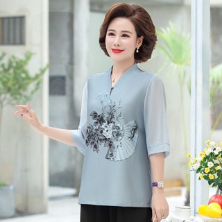 Áo trung niên nữ thời trang phối tay voan thanh lịch, hoạ tiết trẻ trung, sang chảnh NV0159