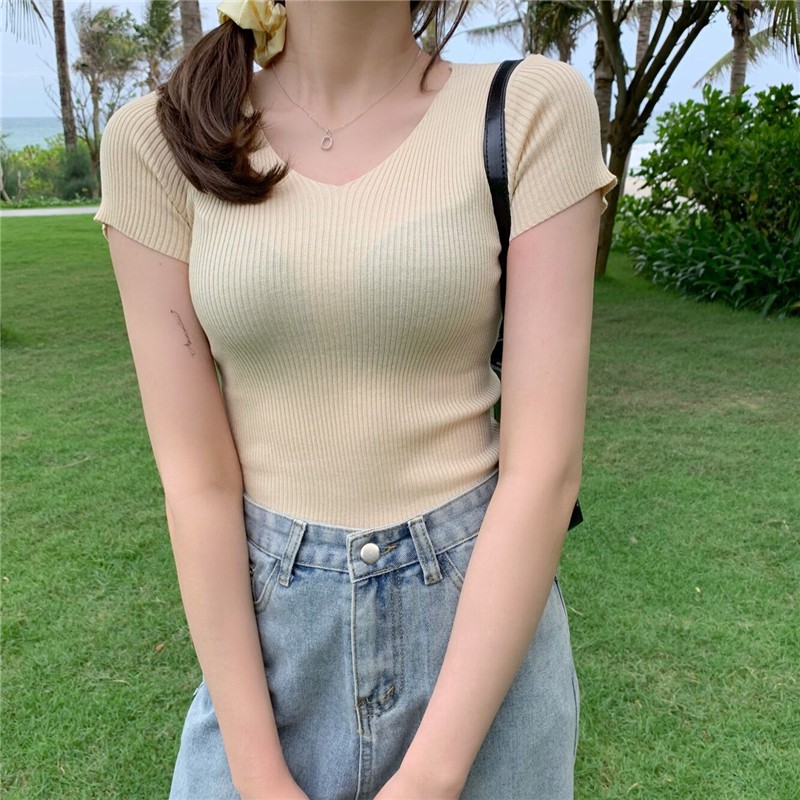 Áo Dệt Kim Ngắn Tay Cổ Chữ V Màu Trơn Thời Trang Dành Cho Nữ | BigBuy360 - bigbuy360.vn