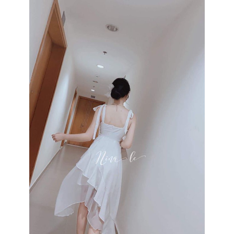 Váy trắng dự tiệc 2s thắt nơ vạt chéo phối voan sheer sang chảnh nina lê
