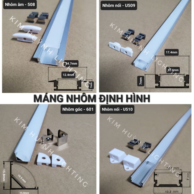 Máng nhôm thanh nhôm định hình gắn led dán, led thanh cây 1 mét