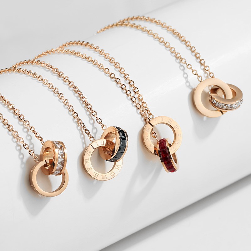 Vòng cổ Thép Titan 316 Mặt Tròn Khắc Số La Mã Đính Đá Thời Trang Cho Nữ