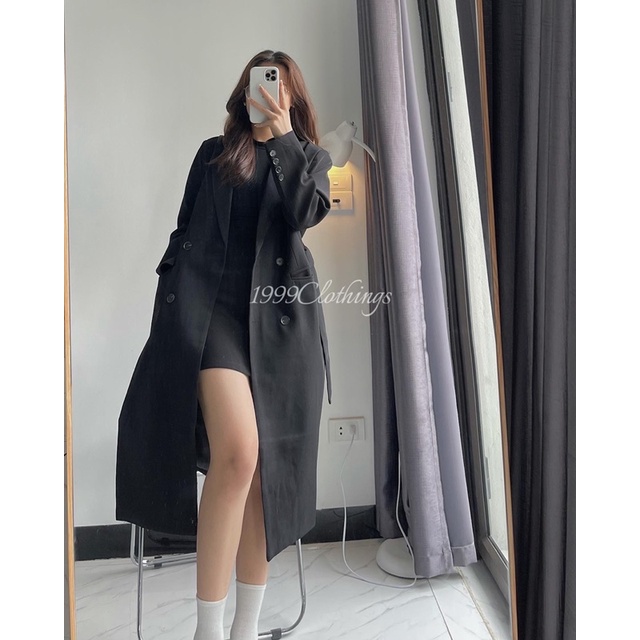 Áo Blazer dáng dài kèm đai 2 lớp