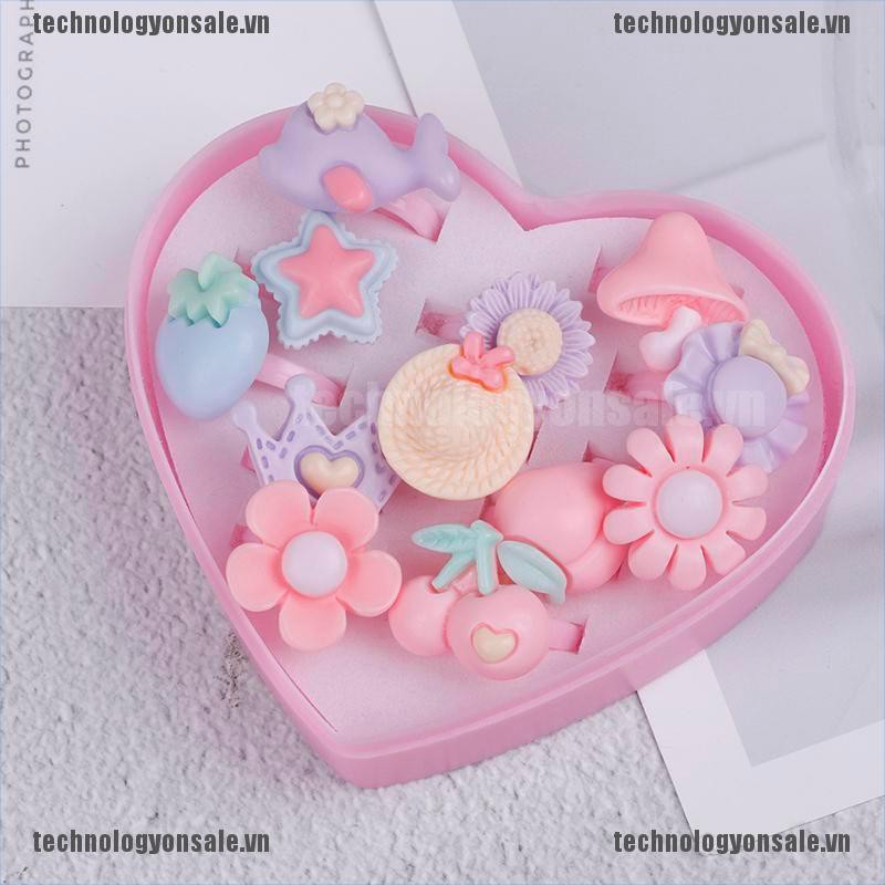 Bộ 12 nhẫn nhựa hình bông hoa hoạt hình kèm hộp dễ thương xinh xắn cho bé gái