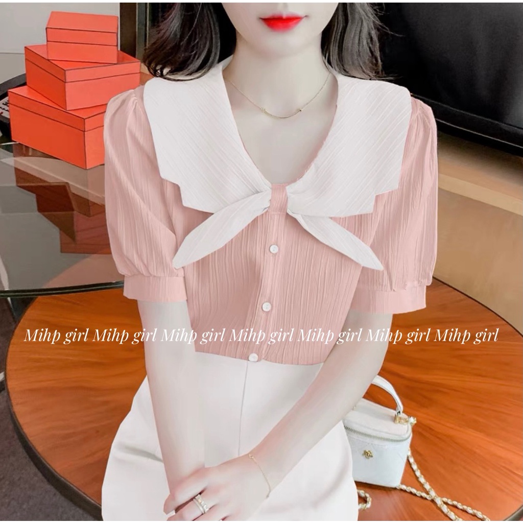 Áo sơ mi cổ thắt nơ vải xốp gân siêu xinh