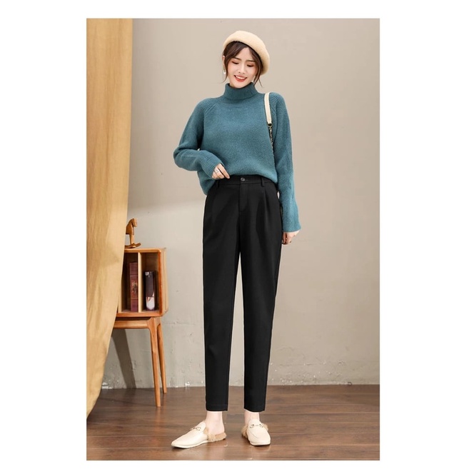 [FREE SHIP]Quần tây nữ lưng cao dáng dài màu đen chất vải tuyết mưa mềm - Quần vải nữ công sở cạp cao ống đứng
