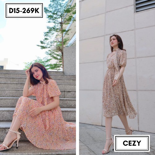 Đầm voan hoa phối nơ cổ tay phồng có size bigsize Cezy D15