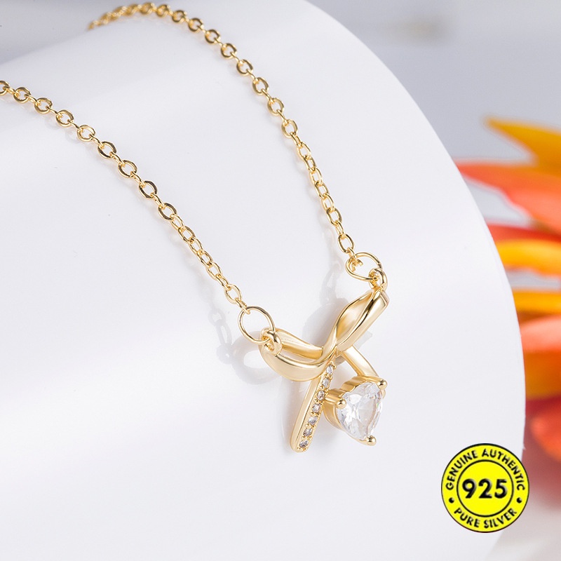 Vòng cổ Mạ Bạc 925 Mặt Hình Nơ Đính Kim Cương Nhân Tạo Thời Trang Cho Nữ