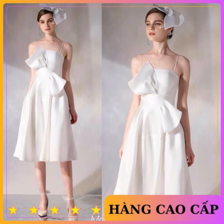 [HÀNG CAO CẤP] Đầm trắng hai dây xoè phi lụa sang trọng dự tiệc dạ hội - MN46 !