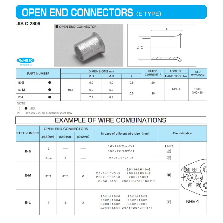 Đầu Cốt nối E-S, E-M, E-L NICHIFU – hộp 100 cái - Đầu cos nối E NICHIFU