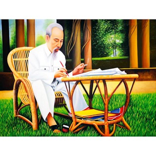 Tranh dán tường 3D Bác Hồ Ngồi bàn làm việc - Vải lụa