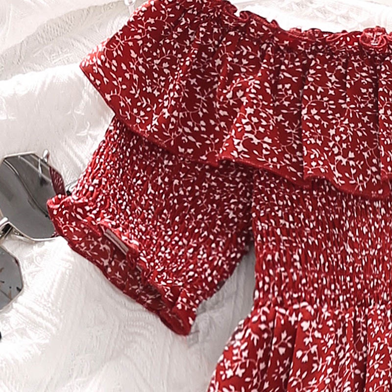 Đầm SIYYIS phối bèo hở vai in hoa màu đỏ phong cách Hàn Quốc thời trang dành cho bé gái 8-14 tuổi