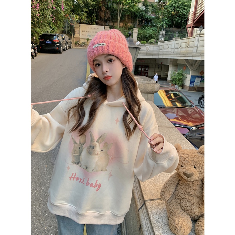 Áo Khoác Tay Dài Có Nón Lót Lông Cừu Dày Dặn Dáng Rộng In Họa Tiết Hoạt Hình