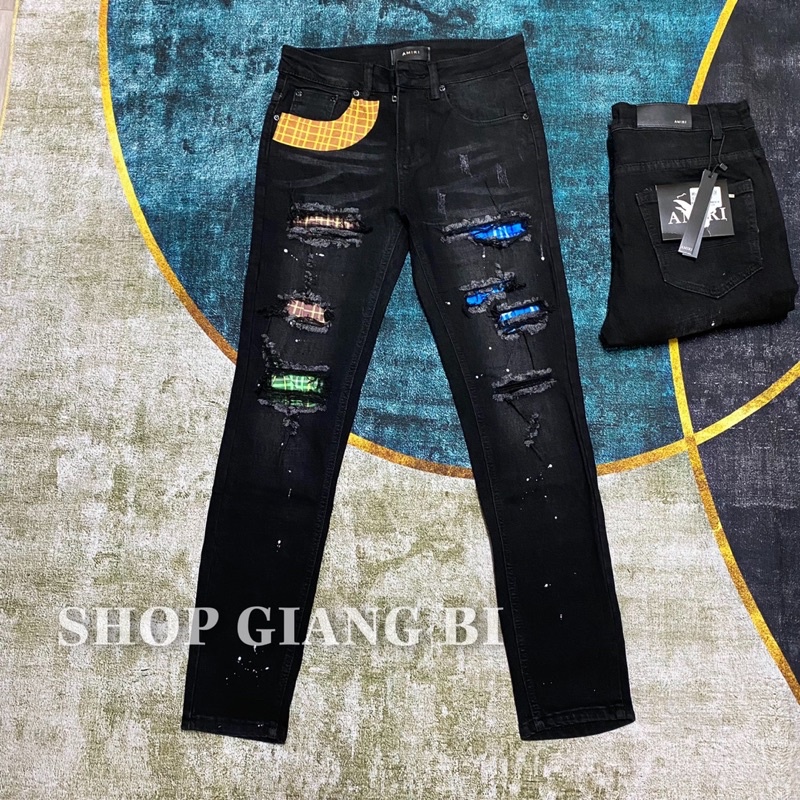 Quần jean vá gối xanh đỏ,quần bò nam rách vá xanh đỏ
