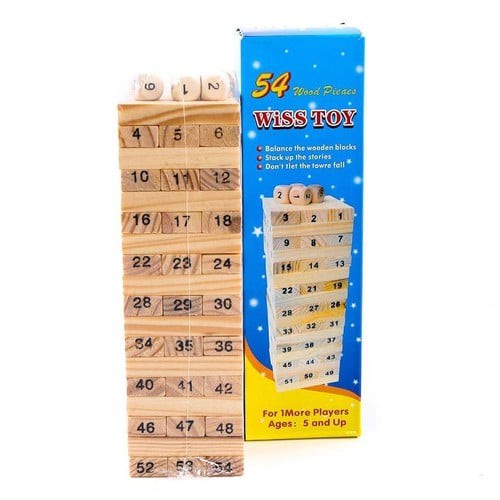 BỘ ĐỒ CHƠI RÚT GỖ WISS TOY (Gồm 54 thanh gỗ và 4 xúc xắc)