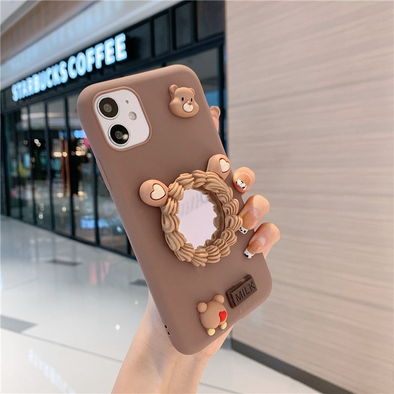 iPhone 13 12 11 Pro X XS Max XR 6 6S 7 8 Plus SE 2020 Phone Case Soft Cartoon Bear with Mirror