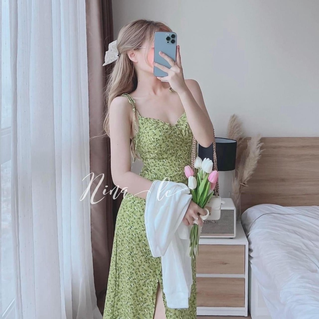 Đầm Lụa Hoa MTB Đầm Maxi 2 Dây Hoa Màu Xanh lá Kèm áo Khoác Gân Bên Ngoài
