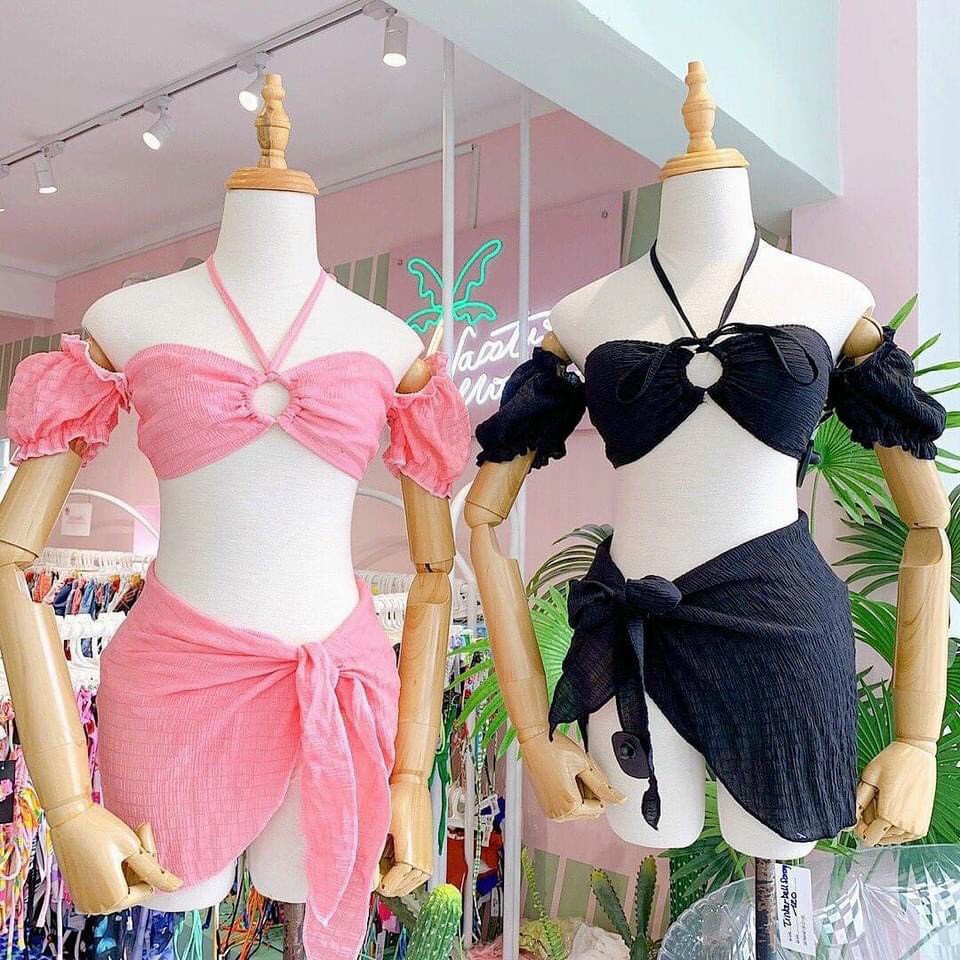 Bikini 2 Mảnh Trơn Màu Kèm Khăn Set 3 Món Đi Biển Tay Bồng Trễ Vai