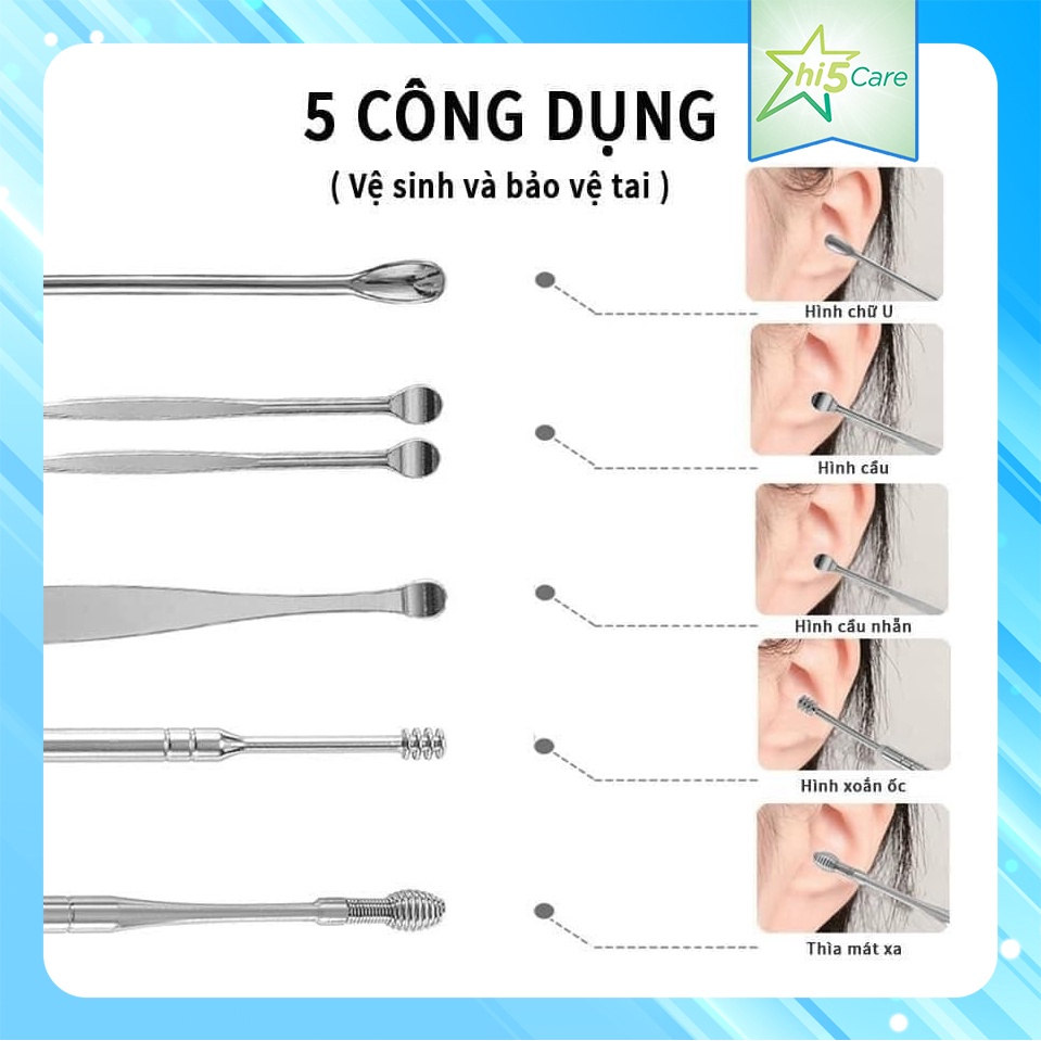 Bộ túi da PU màu xanh + 6 dụng cụ vệ sinh tai ngoáy tai, đồ lấy ráy tai Cao Cấp bằng thép không gỉ  #VSTxanh7