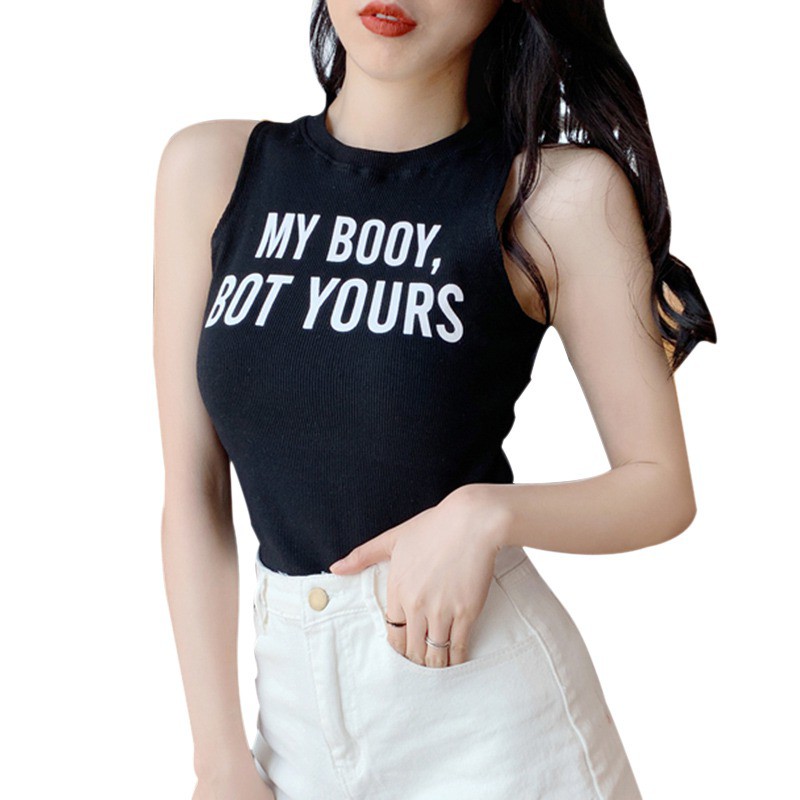 Áo Croptop sát nách cổ tròn hoạ tiết chữ cho phái nữ