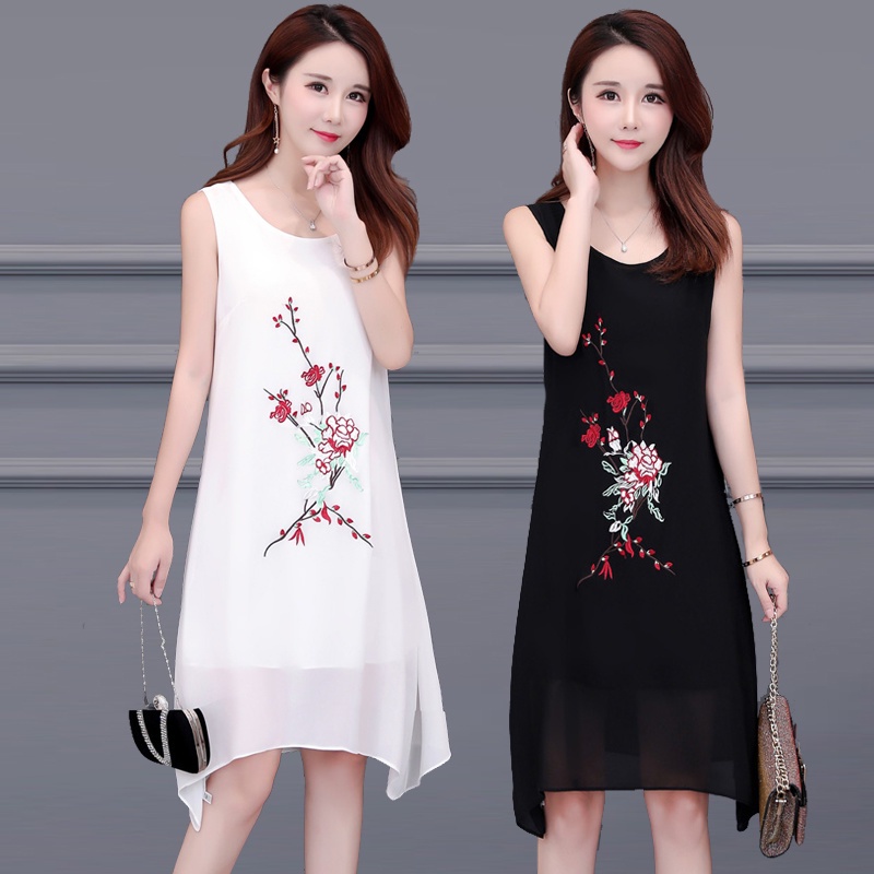 Đầm Voan Sát Nách Cổ Tròn Cỡ Lớn Thêu Họa Tiết Thổ Cẩm Dễ Phối Đồ Thời Trang Cho Nữ