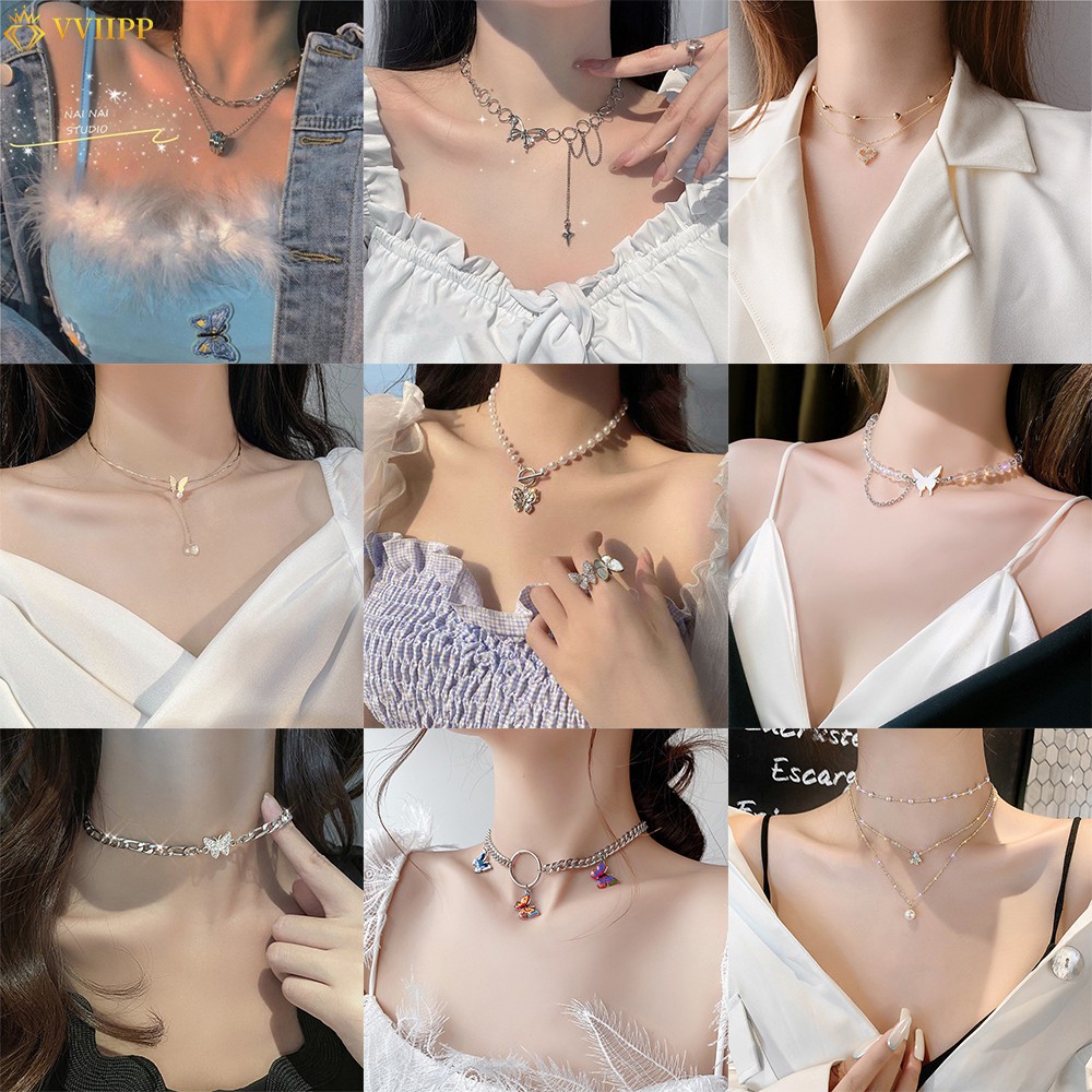 Dây chuyền choker ngọc trai mặt bươm bướm Hàn Quốc