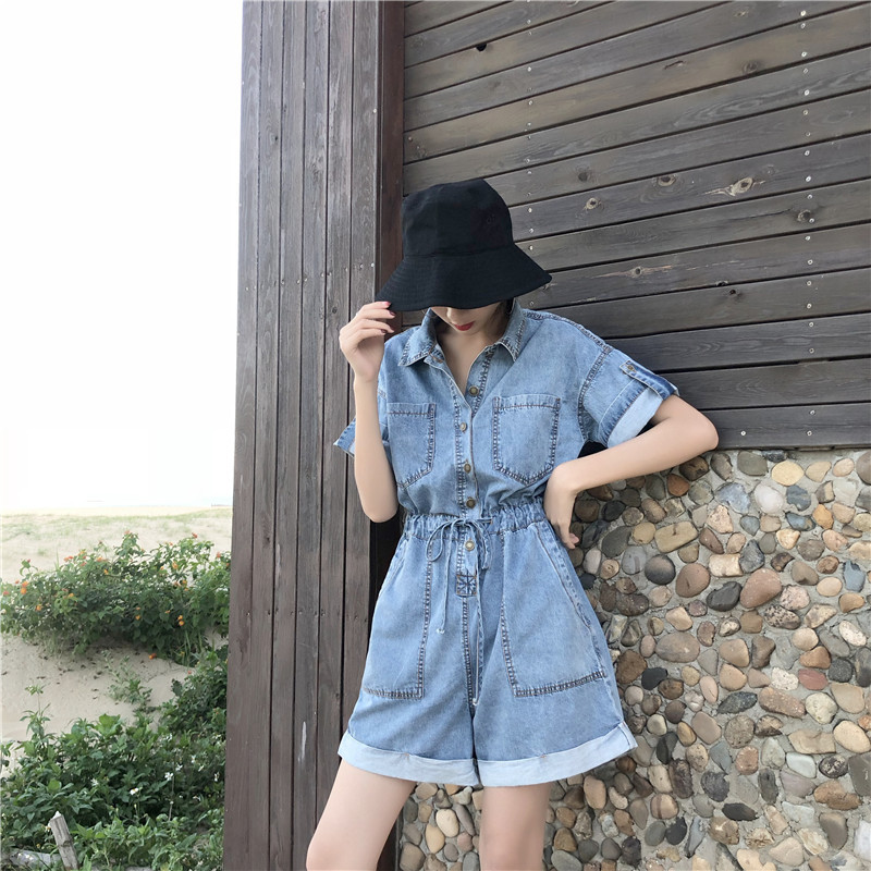 Áo liền quần denim dáng ngắn ống rộng eo cao tay ngắn màu xanh dương nhạt thời trang mùa hè cho nữ