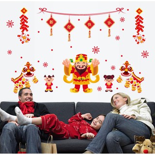 decal dán tường dán kính mẫu thần tài kết hợp múa lân sư tử chúc mừng năm mới