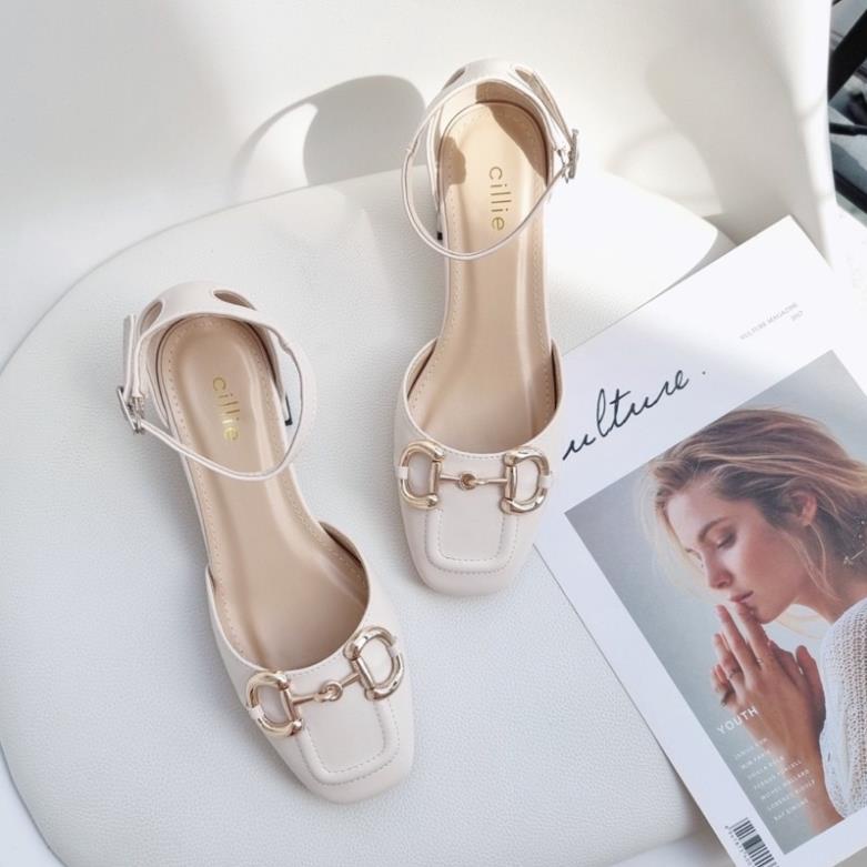 Giày cao gót nữ quai ngang bít mũi bọc hậu phối khóa thời trang trendy gót vuông cao 4cm đi tiệc đi làm Cillie 1071 DQ