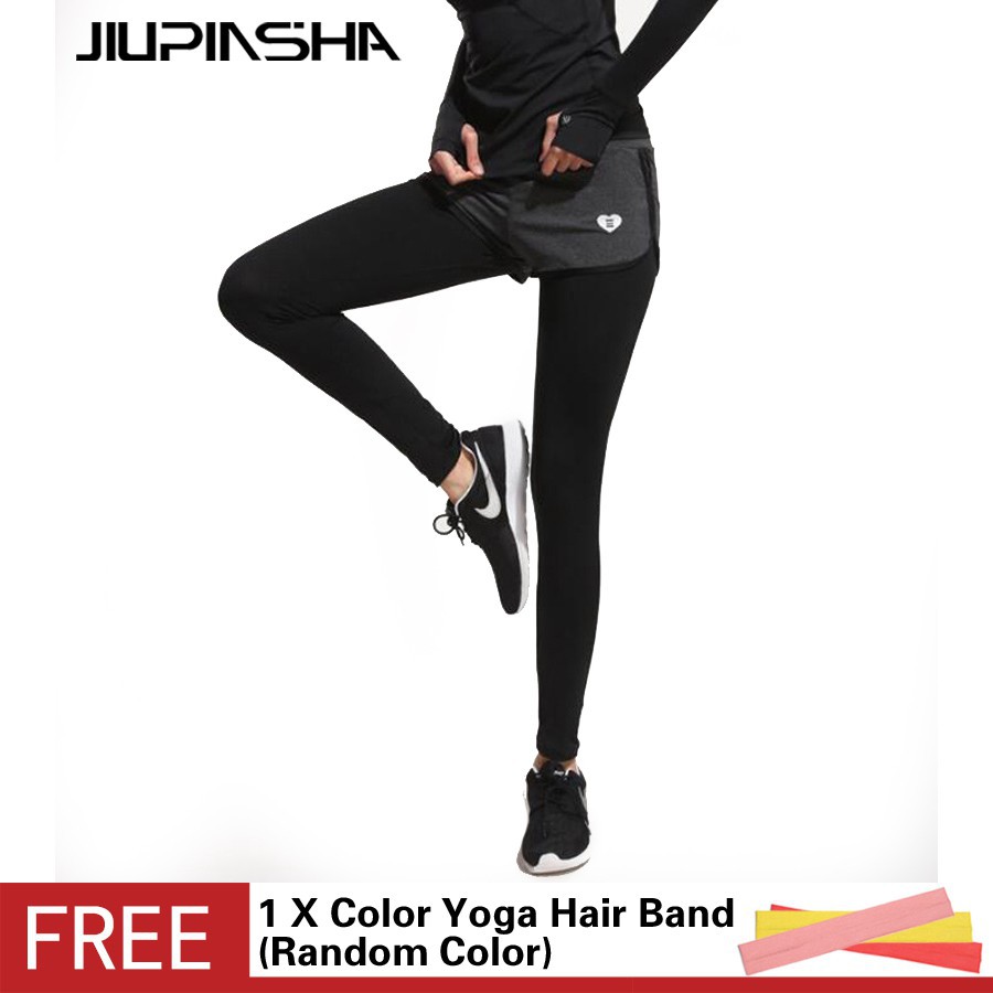 Quần tập yoga lưng cao màu đen thiết kế giả hai lớp năng động dành cho nữ