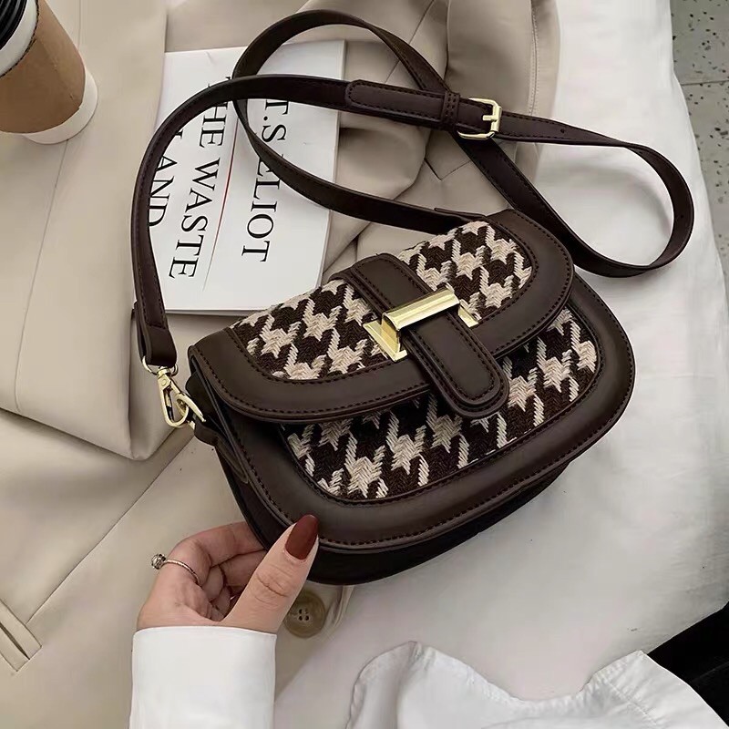 (Ảnh thật) Túi xách đeo chéo chất da phối dạ cổ điển vintage màu nâu, đen dáng bầu đi chơi đi học đi làm 2021