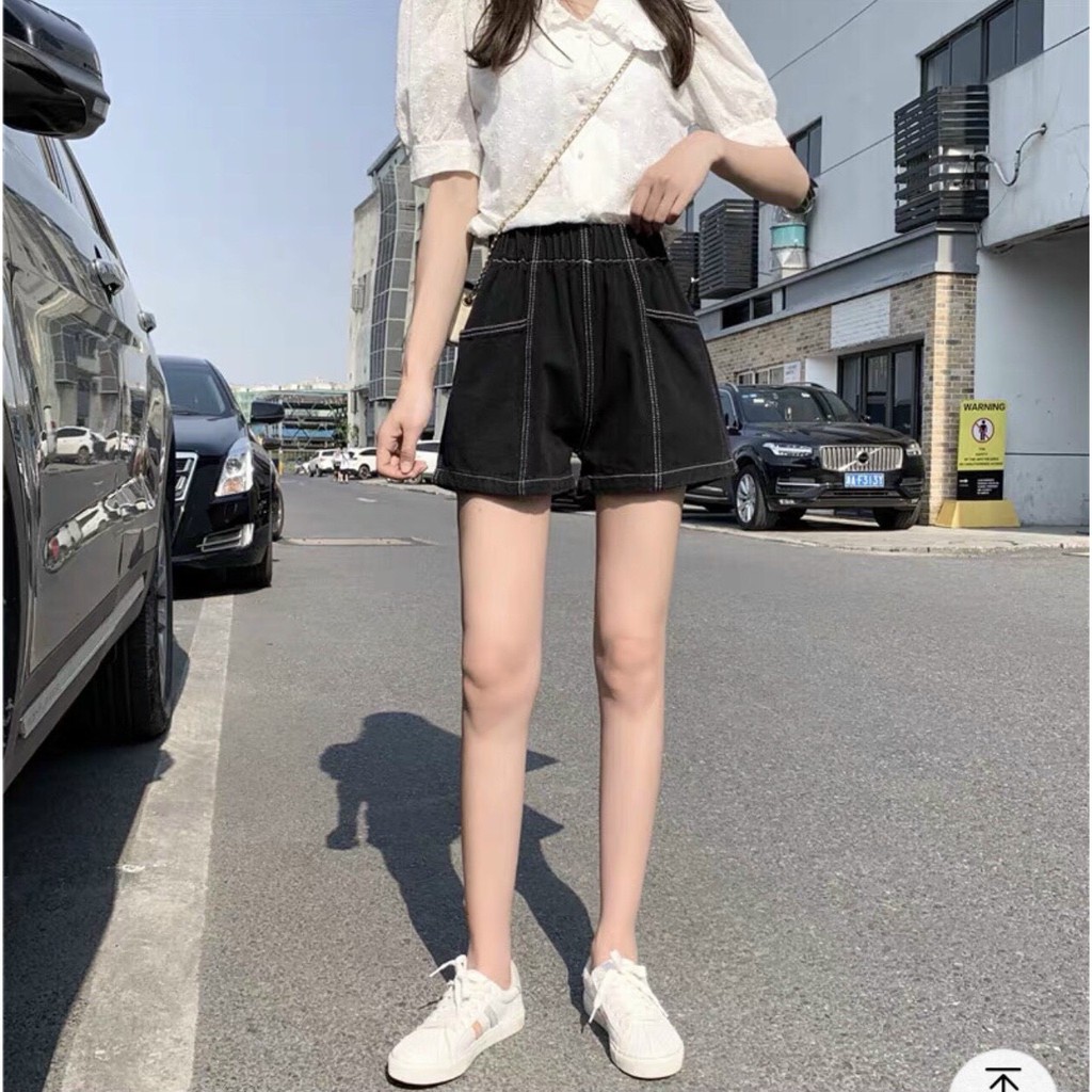 Quần đùi nữ kaki from rộng chỉ nổi BASIC lưng cao hàng chuẩn shop