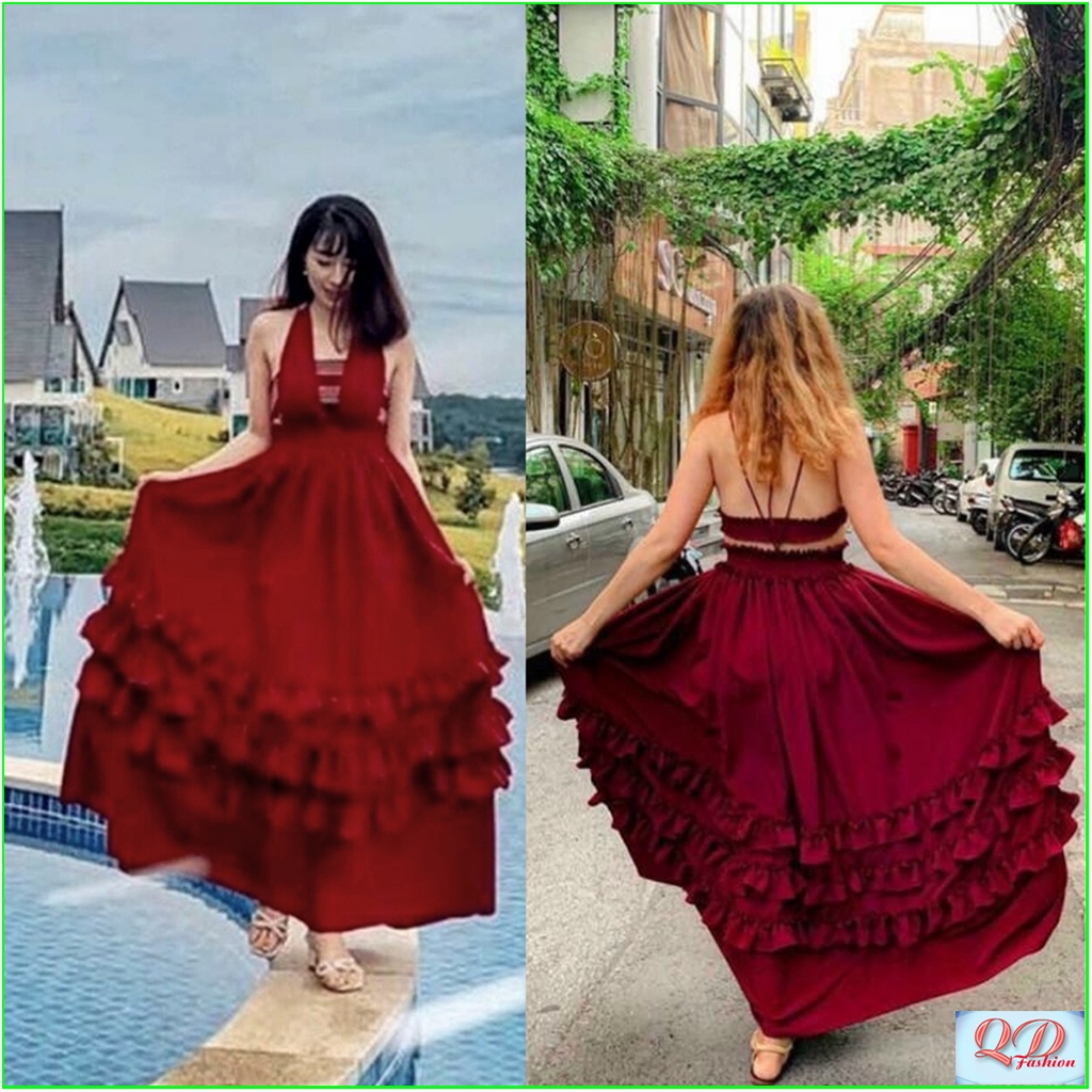 Đầm maxi đi biển dáng xòe tiểu thư đỏ hở lưng nhíu tầng sang trọng chụp ảnh sống ảo QD MT062