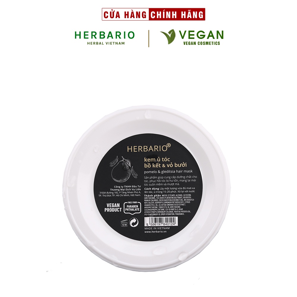 Kem ủ tóc bồ kết &amp; vỏ bưởi herbario 200ml thuần chay