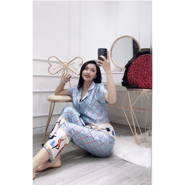 Bộ ngủ lụa lính chì tay cộc quần dài nopi shop | BigBuy360 - bigbuy360.vn