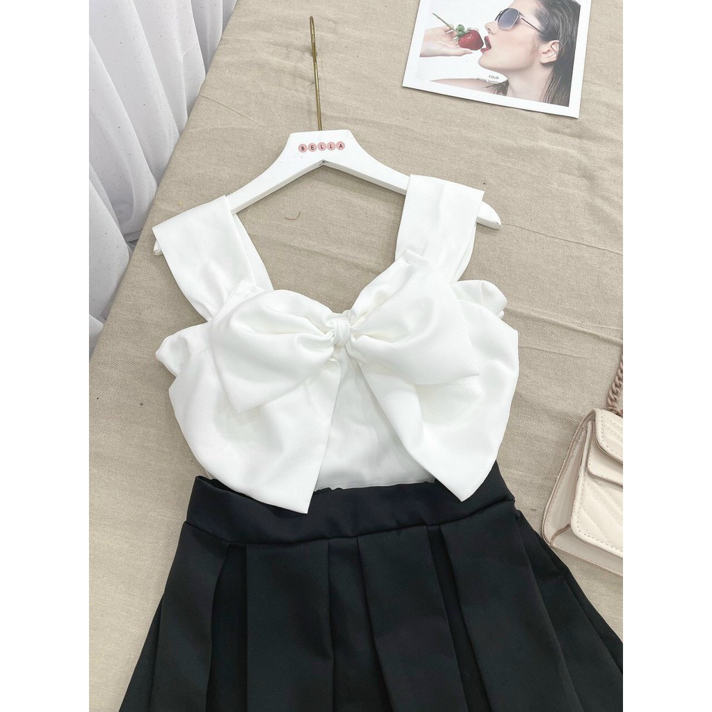 set xinh áo bản to nơ ngực kèm chân váy dập ly bánh bèo tiểu thư