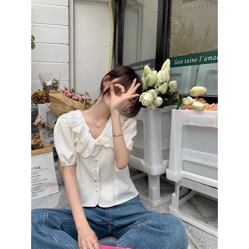 Xiaozhainv Áo Kiểu Tay Ngắn Màu Trơn Thời Trang Mùa Hè Dễ Phối Đồ