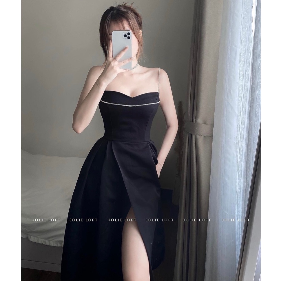 ĐẦM ĐEN ĐI TIỆC 2 DÂY ĐÍNH ĐÁ DÁNG DÀI XẺ TÀ ĐÙI SIÊU SANG CHẢNH