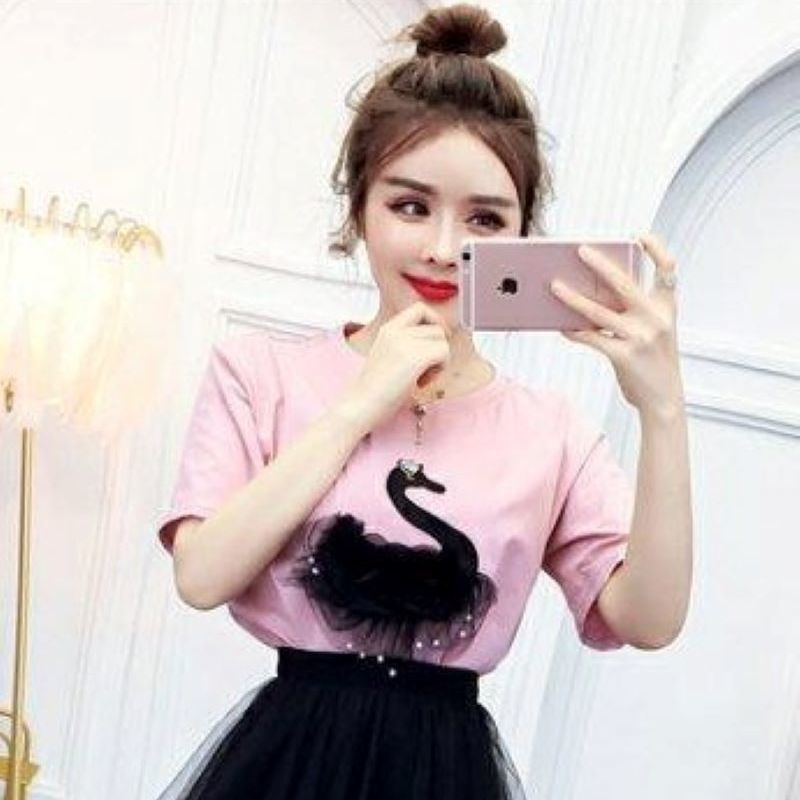 Bộ Áo Thun Ngắn Tay + Chân Váy Lưới Lưng Cao Thời Trang Mùa Hè 2022 Cho Nữ