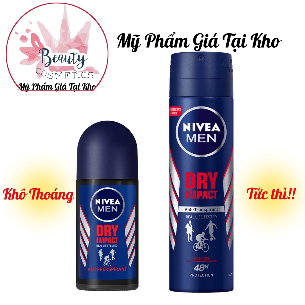 Combo Khử Mùi 48h - Khô Thoáng Tức Thì Nivea Men DRY IMPACT (1 lăn 50ml+ 1 xịt 150ml )