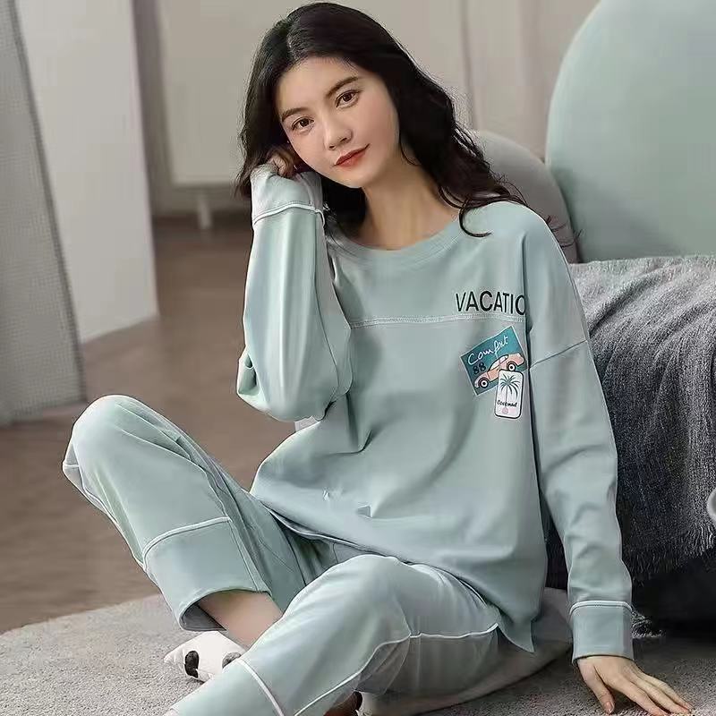 Bộ đồ ngủ tay dài 100% cotton in họa tiết hoạt hình ngọt ngào thời trang xuân thu cho nữ