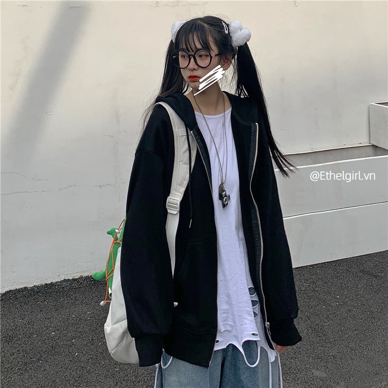 Áo Khoác Hoodie Dáng Rộng Màu Trơn Phối Khóa Kéo Phong Cách Hàn Quốc Thời Trang Cho Nữ 7 Màu Lựa Chọn