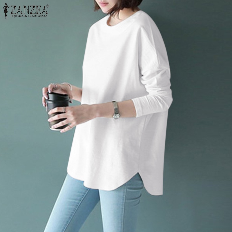 Áo kiểu ZANZEA dài tay cổ tròn màu trơn thời trang cho nữ