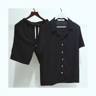 Áo sơ mi cổ vest đen trơn tay lửng - Black Shirt Unisex - Sơmi form rộng tay lỡ màu đen / Quần short kaki unisex đen new