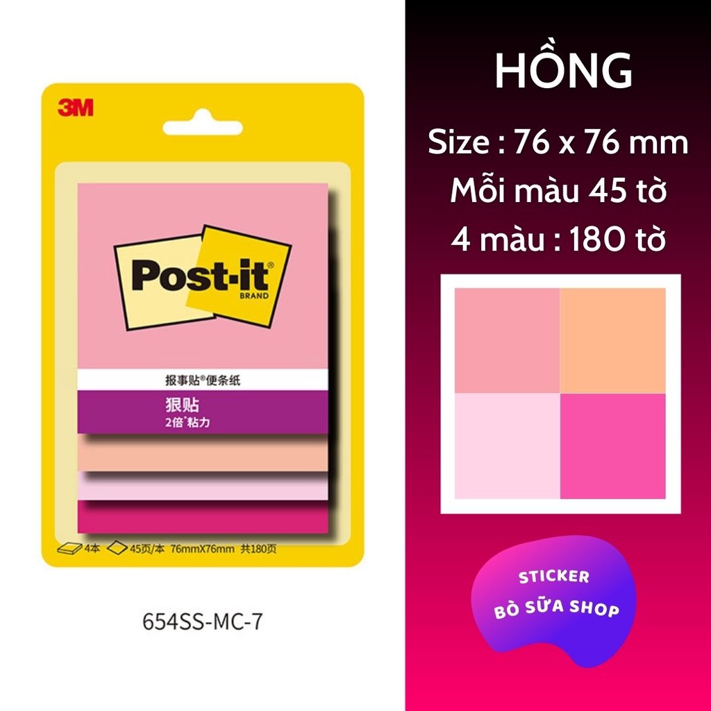 Giấy ghi chú 4 màu pastel đáng yêu giấy note hình vuông post it 3M stickerbosuashop