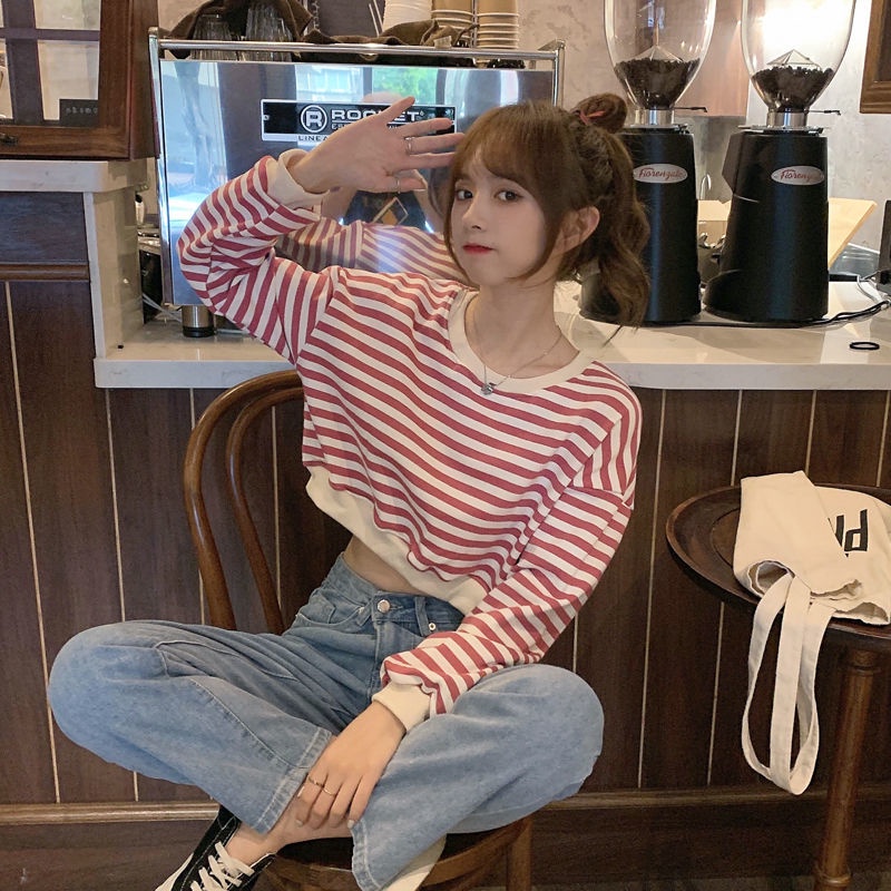 Áo Len Lửng Tay Dài Họa Tiết Sọc Ngang Thời Trang Hàn Quốc Cho Nữ