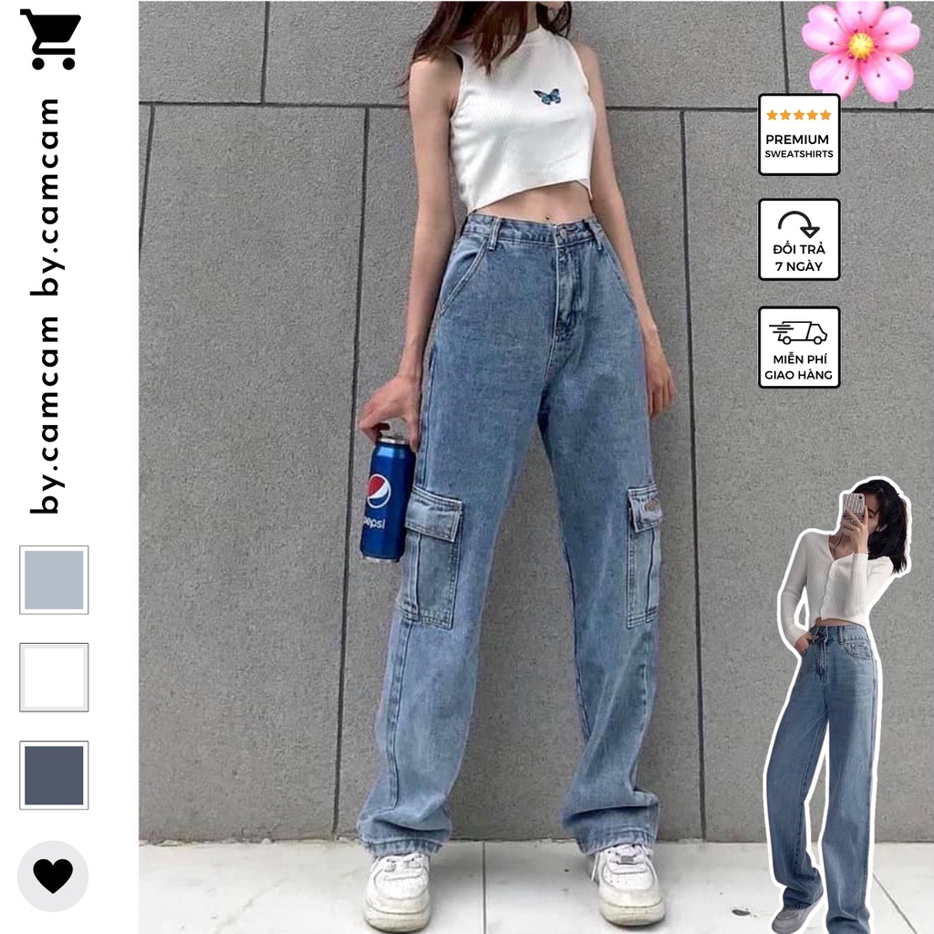 Quần Jean Bò Túi Hộp 2 Khuy Nữ Dáng Suông Ống Rộng Hottrend Ulzzang 𝑩𝒚.𝑪𝒂𝒎𝒄𝒂𝒎