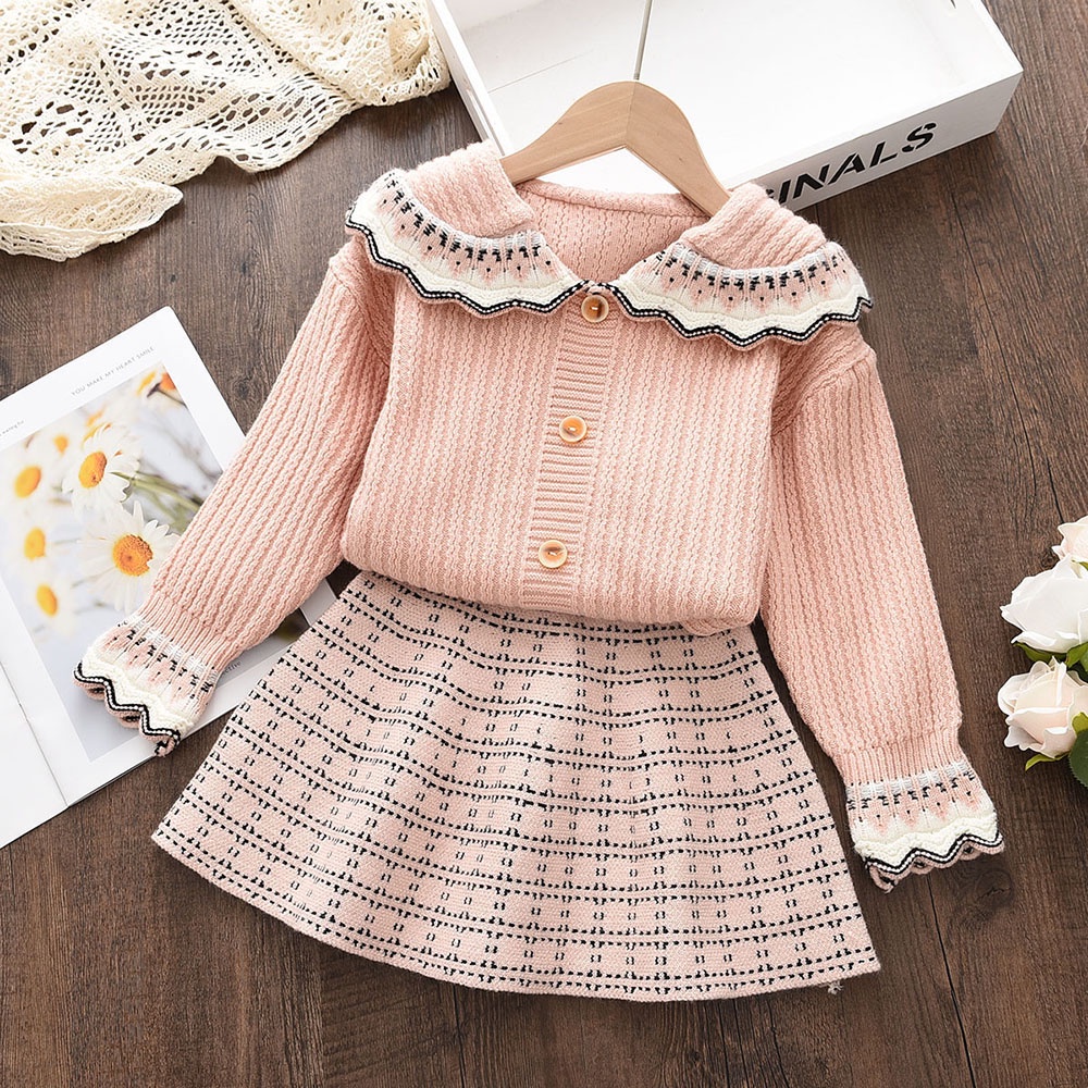 Set đồ BEAR LEADER gồm áo sweater tay dài cổ viền ren màu trơn+chân váy xếp ly thời trang thu đông cho bé gái 2-6T