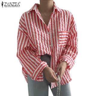 ZANZEA Women Casual Stripe Printed Turn-Down-Collar Button Cuffs Blouse