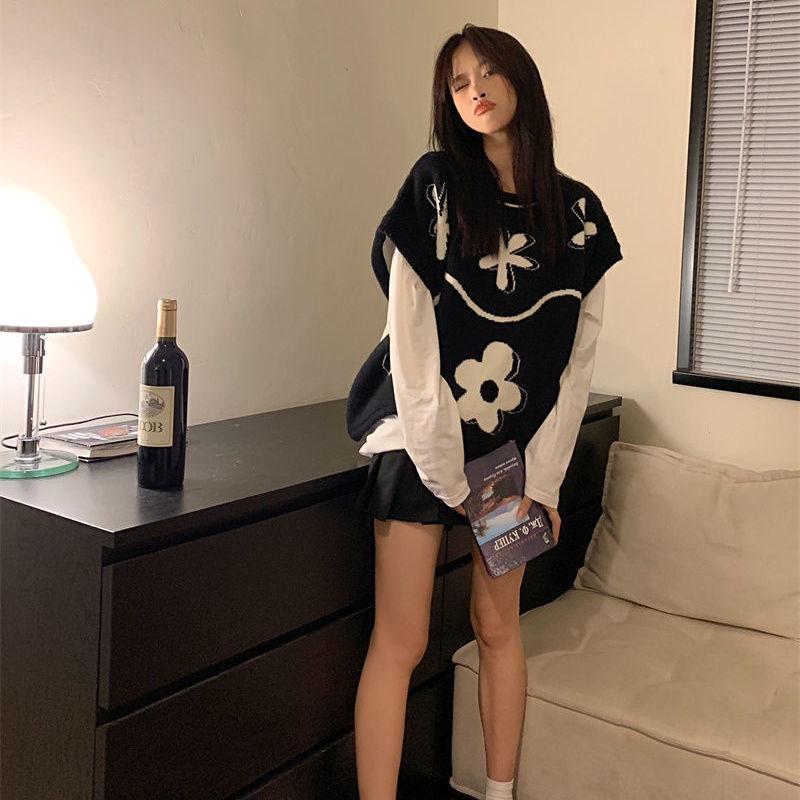Áo Len Không Tay Dáng Rộng Họa Tiết Hoa Trắng Đen Thời Trang Cho Nữ